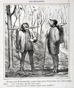 Grafika: Honore Daumier (1808-1879). Charivari pochodzi z 1864 r.: Serie LES LANDSAGISTS „” – Powiedziano nam, żebyśmy przyjechali do tego kraju i że znajdziemy piękne drzewa… są dobre do robienia pedałów!… „Gdybyśmy mogli ich użyć do ogrzania nas!. ..” MU autorstwa Honoré Daumier