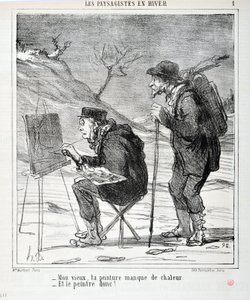 Grafika: Honore Daumier (1808-1879). Charivari pochodzi z 1864 roku: Serie LES LANDSAGISTS IN WINTER „” - Mój staruszku, twojemu obrazowi brakuje ciepła - A malarz tak! „” MUZEUM SZTUK PIĘKNYCH – PAŁAC LONGCHAMP, MARSEILLE autorstwa Honoré Daumier