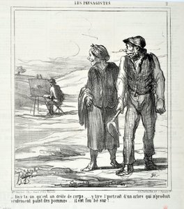 Grafika: Honore Daumier (1808-1879). Charivari pochodzi z 1864 roku: Serie LES LANDSAGISTS „” – W tym, który jest zabawnym ciałem… rysuje portret drzewa, które nie produkuje tylko jabłek… szaleje za nim!…” MUZEUM SZTUK PIĘKNYCH - PAŁAC LONGCHAMP, autorstwa Honoré Daumier