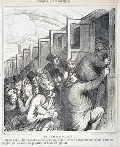 Grafika: Honore Daumier (1808-1879). Charivari pochodzi z 1864 roku: Serie Sketch Les trains de plaisir „” – Kiedy po dziesięciu nieudanych atakach w końcu zdobywamy miejsce w wagonie, doświadczamy pierwszej i bardzo żywej przyjemności””” MUSEE DES BEAUX A autorstwa Honoré Daumier