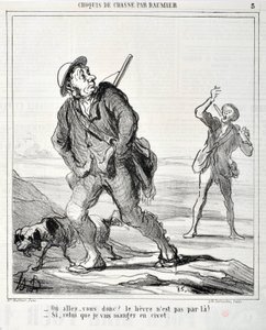 Grafika autorstwa Honore Daumiera (1808-1879) Charivari pochodzi z 1864 roku: Serie Sketch de Chasse „” Ou va donc? Zająca tam nie ma! - Jeśli ten, który zjem w cywecie”” MUSEE DES BEAUX ARTS – PALAIS LONGCHAMP, MARSEILLE autorstwa Honoré Daumier