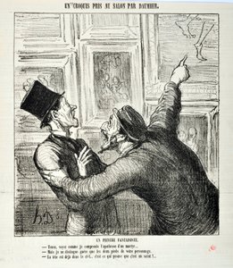 Grafika: Honore Daumier (1808-1879). Charivari pochodzi z 1865 roku: Seria szkiców zrobionych w salonie Kapryśny malarz. „Tutaj, zobacz, jak rozumiem apoteozę męczennika… „Ale widzę tylko dwie stopy twojej osoby. autorstwa Honoré Daumier