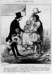 Kandydat na wizytę wyborczą w rodzinie chłopskiej: „Marchewka wyborcza” – karykatura Daumiera, w „Charivari” z 21.03.1844 autorstwa Honoré Daumier