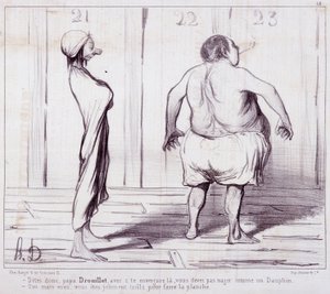 Kreskówka o występach. Seria „Kąpiący się””: Powiedz ojcu Drouillet...”” Grawerowanie autorstwa Honore DAUMIER (1808-1879). Wyciąg z gazety „Le Charivari””. Wymiary 25x36cm. box 12 Marseille, Musee des Beaux-Arts, Palais Longchamps, Collection Arts Graphi autorstwa Honoré Daumier