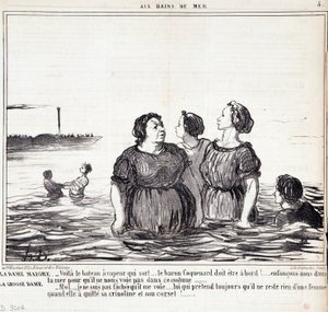 Kreskówka o wyglądzie i modzie. Seria „Les Bains de Mer””: „”Chuda dama (...), gruba dama (...)” Rycina Honore DAUMIER (1808-1879). Wyciąg z gazety „Le Charivari” z 16 września autorstwa Honoré Daumier