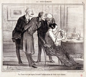 Kreskówka o kolekcjonerach sztuki. Seria „”Potichomania””: „”Fałszywy wazon z Japonii podziwiający trzech Chińczyków”. Grawerowanie autorstwa Honore DAUMIER (1808-1879). Wyciąg z gazety „Le Charivari”” autorstwa Honoré Daumier