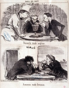 Kreskówka o nadużyciach gastronomicznych. Seria „Paris qui drinki”: nowa moda angielska i stara francuska moda. Grawerowanie autorstwa Honore DAUMIER (1808-1879). Wyciąg z gazety „Le Charivari” 23 czerwca 1852 wym. 37x26 cm Inv D 2312 - pudełko 24 N¡7. Mar autorstwa Honoré Daumier