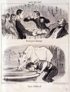 Kreskówka o nadużyciach gastronomicznych. Serie Paris picie: „” Picie, żeby się nudzić. Naprawdę spragniony. Grawerowanie autorstwa Honore DAUMIER (1808-1879). Wyciąg z gazety „Le Charivari” 16 czerwca 1852 wym. 37x26cm Inv D 2310 - pudełko 24 N¡5. Marsyli autorstwa Honoré Daumier