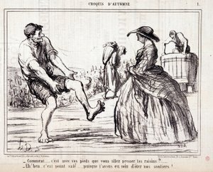 Kreskówka o kombajnach depczących boso winogrona. Seria „” Autumn Sketch””: „” Jak… zamierzasz wyciskać winogrona stopami? ...” Grawerowanie autorstwa Honore DAUMIER (1808-1879). Wyciąg z gazety „Le Charivari”” autorstwa Honoré Daumier
