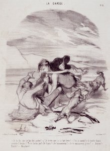 Kreskówka o myśliwych. Seria „Piękne dni życia – polowanie””: „”Mówię ci, że kazałam mu odejść…”” Grawer Honore DAUMIER (1808-1879). Wyciąg z gazety „Le Charivari” z 10 stycznia autorstwa Honoré Daumier