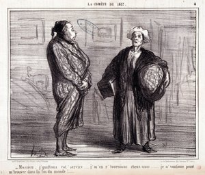 Kreskówka o nauce. Serie „” On the Comete of 1857””: „” Mossieu, zostawiam twoją służbę...”” Grawerowanie autorstwa Honore DAUMIER (1808-1879). Wyciąg z gazety „Le Charivari” z 13 marca autorstwa Honoré Daumier
