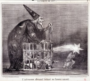 Kreskówka o nauce. Serie Sur „”Koeta 1857”””””: „”Niemiecki astronom opuszcza słynną kaczkę”””. Grawerowanie autorstwa Honore DAUMIER (1808-1879). Wyciąg z gazety „Le Charivari”” 2 marca autorstwa Honoré Daumier