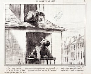 Kreskówka o nauce. Serie Sur „” Comete of 1857”””: „” Dobry sąsiedzie… dlaczego tak wielki płacz…”” Grawer Honore DAUMIER (1808-1879). Wyciąg z gazety „Le Charivari” z 11 marca autorstwa Honoré Daumier