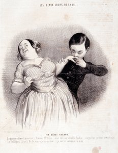 Kreskówka o parze. Seria „Piękne dni życia”: „”Szarmancki początek...””Grawer Honore DAUMIER (1808-1879). Wyciąg z gazety „Le Charivari” z 10 lipca autorstwa Honoré Daumier