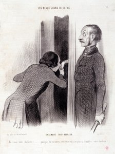 Kreskówka o parze. Seria „Piękne dni życia”: „Kochanek zbyt szczęśliwy...” Grawer Honore DAUMIER (1808-1879). Wyciąg z gazety „Le Charivari” z 1 września autorstwa Honoré Daumier