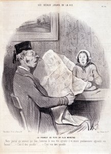 Kreskówka o prasie. Seria „Piękne dni życia””: „”Coraz bardziej potworny format…””. Grawerowanie autorstwa Honore DAUMIER (1808-1879). Wyciąg z gazety „Le Charivari” z 18 października autorstwa Honoré Daumier