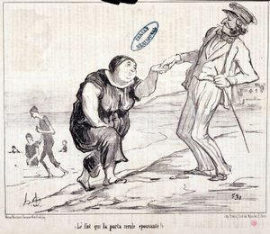 Kreskówka o turystach na wakacjach. Serie „” Axe Bains de Mer: „” Powódź, która przyniosła to z powrotem przerażające! Grawer „” Honore DAUMIER (1808-1879). Wyciąg z gazety „Le Charivari”” autorstwa Honoré Daumier