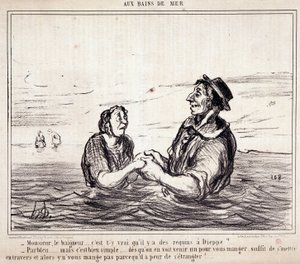 Kreskówka o turystach na wakacjach. Serie „” aux Bains de Mer””: „” Monsieur le bathneur... czy to prawda, że w Dieppe są rekiny?...” Grawerowanie autorstwa Honore DAUMIER (1808-1879). Wyciąg z gazety „Le Charivari” z 8 czerwca autorstwa Honoré Daumier