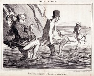 Kreskówka o turystach na wakacjach. Seria „” Axe Bains de Mer: „” Podróżnicze emocje. Paryżanka złapana przez wschodzącą klacz””. Grawerowanie autorstwa Honore DAUMIER (1808-1879). Wyciąg z gazety „Le Charivari” z 8 października autorstwa Honoré Daumier