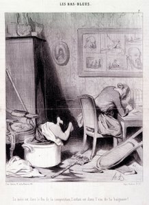 Kreskówka o kobietach pisarzy. Serie „” Bas Bleus””: „” Matka jest w ogniu kompozycji, dziecko jest w wodzie wanny! Grawer „” Honore DAUMIER (1808-1879). Wyciąg z gazety „Le Charivari” z 20 lutego autorstwa Honoré Daumier