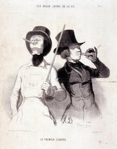 Kreskówka o młodym Dandysie. Seria „Piękne dni życia”: „Pierwsze cygaro”. Grawerowanie autorstwa Honore DAUMIER (1808-1879). Wyciąg z gazety „Le Charivari” z dnia 31 grudnia 1843 wym. 37x25cm Inv 1089 - box 8 N¡2. Marsylia, Musee des Beaux autorstwa Honoré Daumier