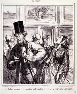 Karykatura o miłośnikach sztuki: Serie „”Au salon””: Zostawmy panią... te nagości to buntownicy... wrócę sama”” Grawer Honore DAUMIER (1808-1879). Wyciąg z gazety „Le Charivari” z 5 maja autorstwa Honoré Daumier