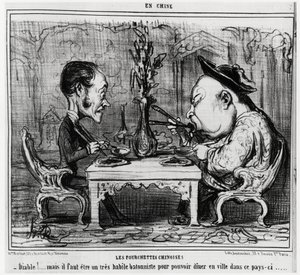 Chińskie widelce: „Diabeł! ale trzeba być bardzo uzdolnionym pałkarzem, żeby móc zjeść obiad w mieście w tym kraju. „”, w serii En Chine, ilustracja Honore Daumier (1808-1879), opublikowana w „”Charivari”” autorstwa Honoré Daumier