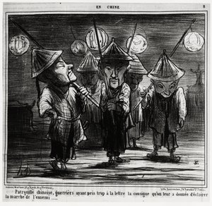 Patrol chiński, wojownicy za bardzo brali pod uwagę instrukcje, które otrzymali, aby oświetlić marsz wroga. In serie En Chine, ilustracja Honore Daumier (1808-1879), opublikowana w „Charivari” z 25 stycznia autorstwa Honoré Daumier
