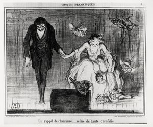 Dramatyczne szkice: przypomnienie o piosenkarce, scena wysokiej komedii. Ilustracja Honore Daumiera (1808-1879), opublikowana w „Charivari” z 9 stycznia autorstwa Honoré Daumier