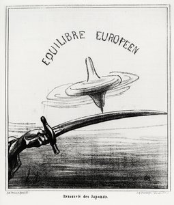Równowaga europejska: japońskie odrodzenie. Tuż po przywróceniu reżimu cesarskiego w Japonii, po rezygnacji szoguny Tokugawy w listopadzie 1867 r. Ilustracja d