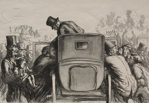 Wystawa uniwersalna: Letranger znajduje wszystkie udogodnienia, aby wrócić do swojego hotelu. autorstwa Honoré Daumier