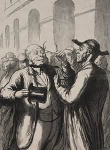 Wystawa uniwersalna: Inspekcja fotografii przy bramkach obrotowych. Łysi muszą zdjąć kapelusze, a krótkowzroczni okulary. autorstwa Honoré Daumier