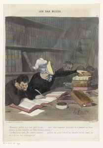 Postacie za stołem do czytania w bibliotece publicznej Les Bas Bleus (tytuł serii na obiekcie) autorstwa Honoré Daumier
