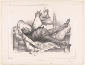 Karykatura Gilberta du Motier, markiza de la Fayette, podczas koszmaru Le cauchemar (tytuł na obiekcie) autorstwa Honoré Daumier