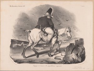 Karykatura Ludwika Filipa I, króla Francji na koniu wśród trupów Voyage à travers les populacje empressées (tytuł obiektu) autorstwa Honoré Daumier