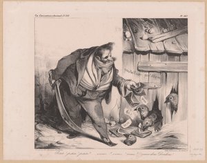 Karykatura króla Francji Ludwika Filipa I jako bandyty Małe! małe! małe! (...) Venez donc dindons! (tytuł na obiekcie) autorstwa Honoré Daumier