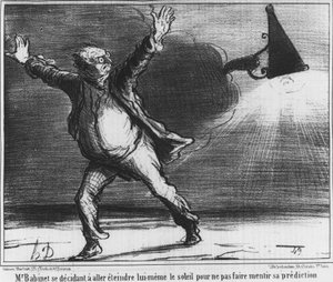 Monsieur Babient postanowił sam wyjść i wyłączyć słońce, aby nie zakłamać jego przepowiedni, karykatury o komecie Honore Daumiera z 1857 r. (1808-1879). autorstwa Honoré Daumier