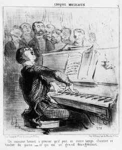 Szkice muzyczne: dżentelmen, który chce udowodnić, że potrafi jednocześnie śpiewać i dotykać fortepianu, co jest bardzo haniebne. Ilustracja Honore Daumiera (1808-1879), opublikowana w „Charivari” z 17 lutego 1852 r. autorstwa Honoré Daumier
