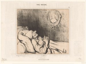 Stary mężczyzna w łóżku wpatruje się w portret młodej kobiety Pamiątki (tytuł na obiekcie) Typy paryskie (tytuł serii) Rodzaje Parisiens (tytuł serii na obiekcie) autorstwa Honoré Daumier