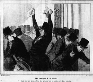 Panika na giełdzie. Na próżno oferowano akcje, wszyscy im odebrali: z „”Actualites”, serii karykatur na giełdzie Honore Daumier (1808-1879). Charivari autorstwa Honoré Daumier