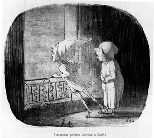 Paryscy astronomowie obserwujący Kometę, zaczerpnięte z „Astronomii”, serii karykatur o astronomach i Komecie Honorowej Daumier (1808-1879). „Charivari” autorstwa Honoré Daumier