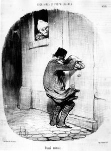 Minęła północ. mężczyzna wracający spóźniony do lokatora, z serialu animowanego „Tenants et Owners” Honore Daumiera (1808-1879). „Charivari” autorstwa Honoré Daumier