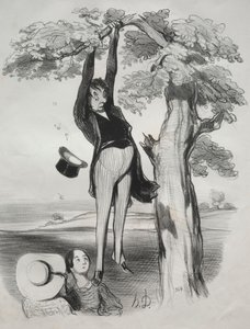 Pastorales, płyta 2: Niebezpieczeństwo zbyt energicznego potrząsania śliwką..., 1845. autorstwa Honoré Daumier
