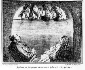 Przyjemny widok, którym cieszą się wyłącznie lokatorzy piwnic, zaczerpnięty z serialu animowanego „Tenants et Owners” Honore Daumiera (1808-1879). „Charivari” autorstwa Honoré Daumier