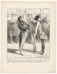 Robert-Macaire w rozmowie z Bertrandem za witrynę drukarni Caricaturana (tytuł serii na obiekcie) autorstwa Honoré Daumier