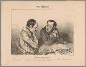 Pisarz doradza koledze pozbycie się żony Autorzy dramatyczni (tytuł na obiekcie) Typy paryskie (tytuł serii) Rodzaje Parisiens (tytuł serii na obiekcie) autorstwa Honoré Daumier