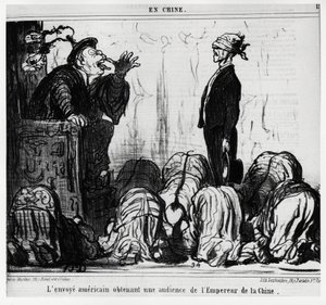 Amerykański wysłannik na audiencji u cesarza Chin. In serie En Chine, ilustracja Honore Daumier (1808-1879), opublikowana w „Charivari” z dnia 21 października autorstwa Honoré Daumier