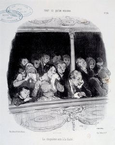 W akcie piątym znajdują się Gaite Ekspresja twarzy publiczności podczas pokazu (nuda, zmęczenie, desinteret) Karykatura Honore Daumiera (1808-1879). XIX-wieczne paryskie muzeum Carnavalet autorstwa Honoré Daumier