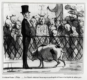 Ogród roślin w Pekinie: Chińczycy podziwiający czworonoga Francji i bipnięcie tego samego kraju. Ilustracja Honore Daumiera (1808-1879), opublikowana w „Charivari”, China Actualites autorstwa Honoré Daumier
