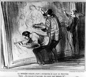 Ostatni tydzień przed otwarciem Salon de Peinture. Myśl -Od odwagi do pracy, przyjaciele są zawsze tam!... , zaczerpnięte z "Obrazów i Salonów", serii komiksów Honore Daumiera (1808-1879). "Charivari" autorstwa Honoré Daumier